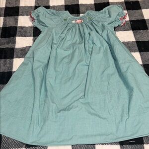 Vintage Green Gingham Smocked Holiday Embroidered Dress